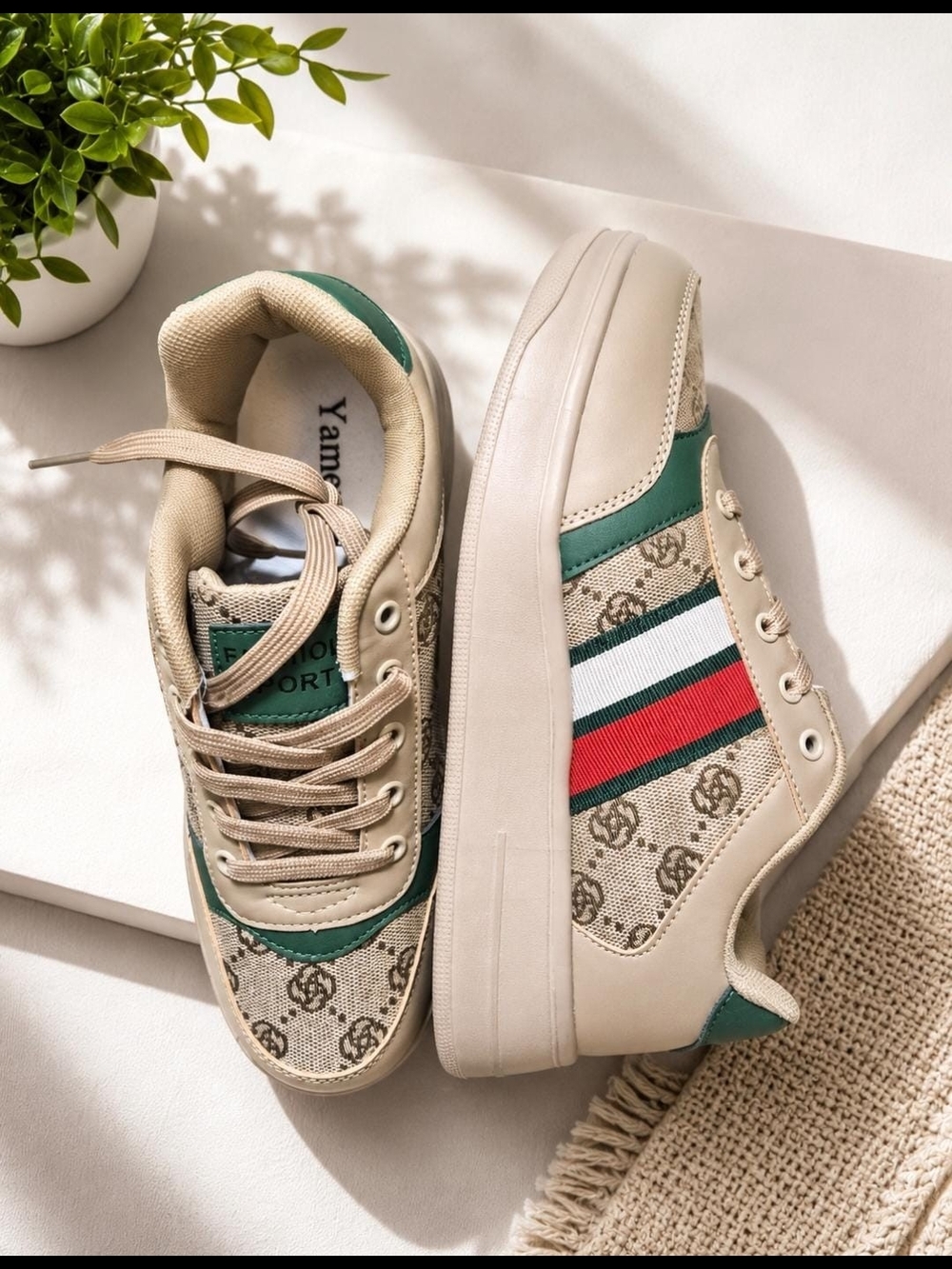Beige Low-Top Sneakers with Green and Red Stripe Accent